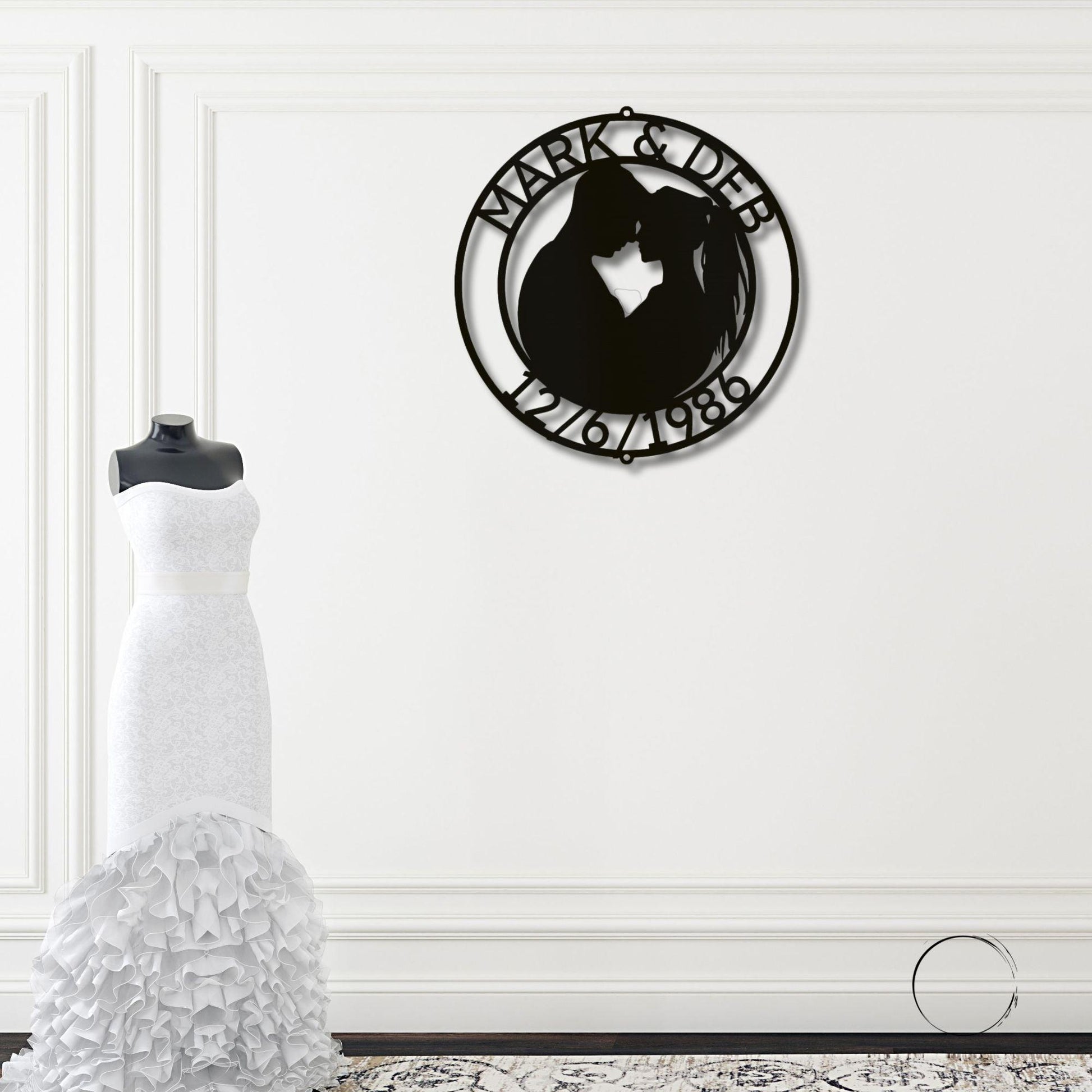 Couple Silhouette Sweetheart Custom Monogram Name Metal Wall Art - Mallard Moon Gift Shop