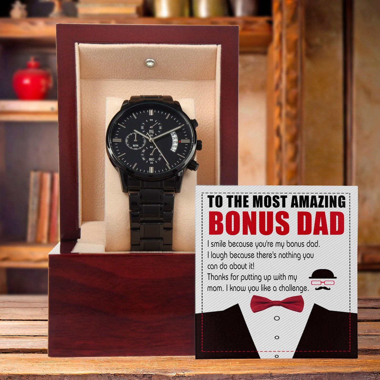 Bonus Dad Gift- I Know You Like A Challenge Black Chronograph Watch - Mallard Moon Gift Shop