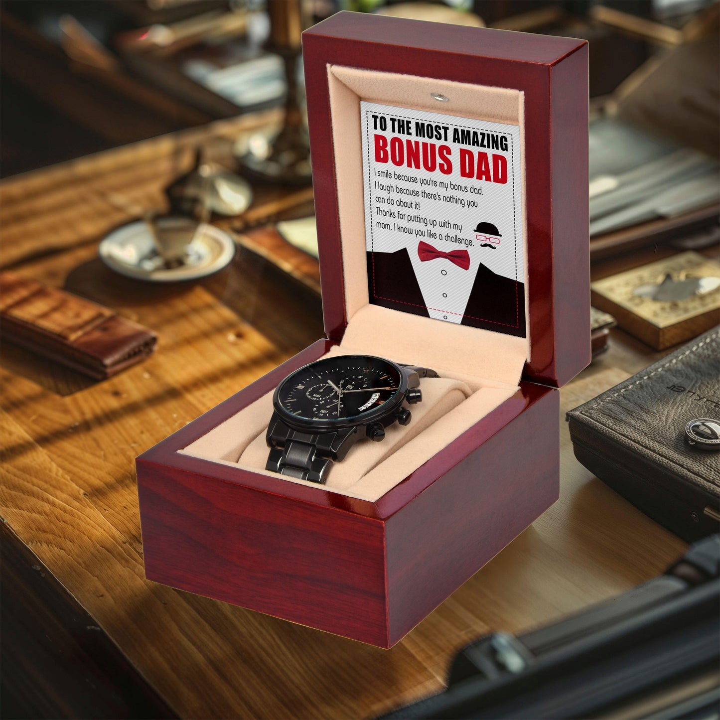 Bonus Dad Gift- I Know You Like A Challenge Black Chronograph Watch - Mallard Moon Gift Shop