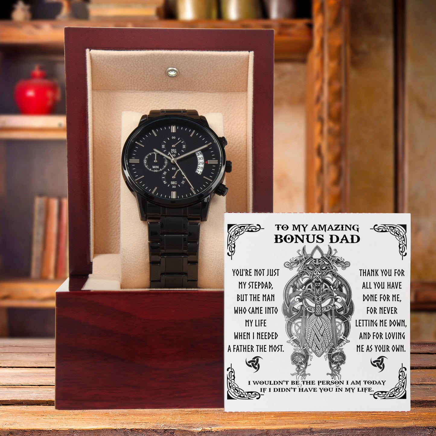 Bonus Dad Gift - You are Not Just My Stepdad - Black Chronograph Watch - Mallard Moon Gift Shop