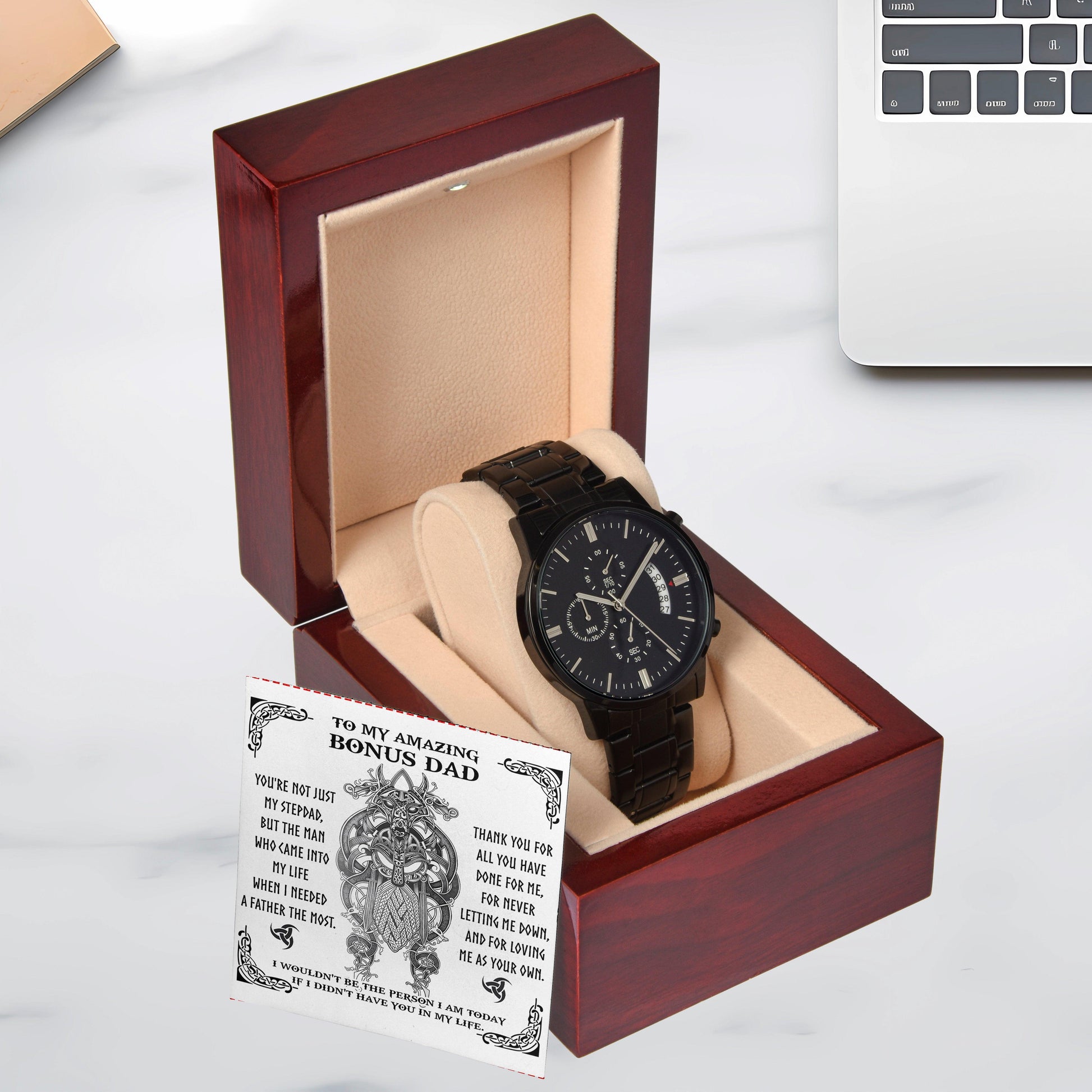 Bonus Dad Gift - You are Not Just My Stepdad - Black Chronograph Watch - Mallard Moon Gift Shop