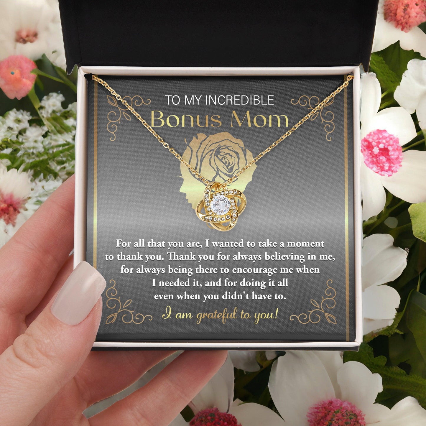 To My Incredible Bonus Mom Thank You for Believing in Me - Love Knot Necklace - Mallard Moon Gift Shop