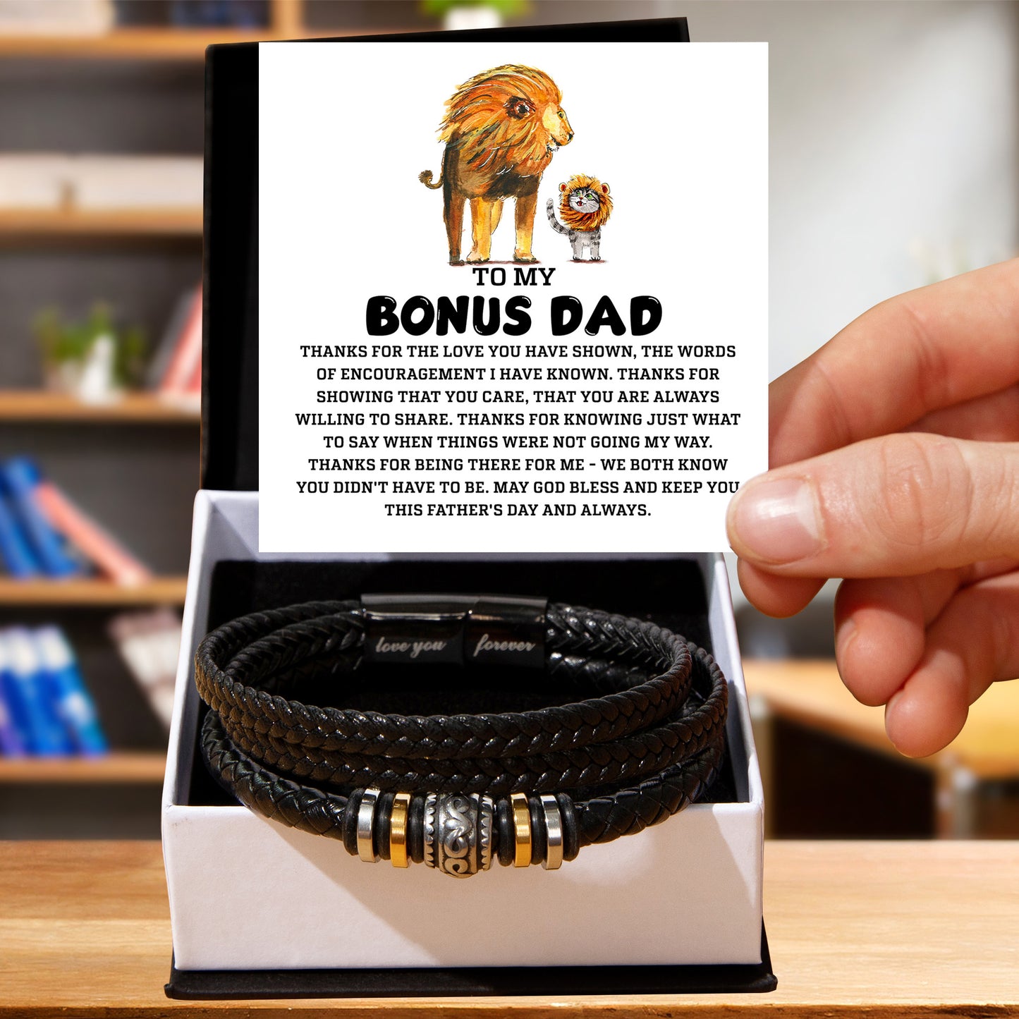 Bonus Dad Father's Day Gift - Men's Love You Forever Bracelet with Grateful Heart Message Card - Braided Vegan Leather Bracelet - Meaningful Stepdad Appreciation Gift - Mallard Moon Gift Shop