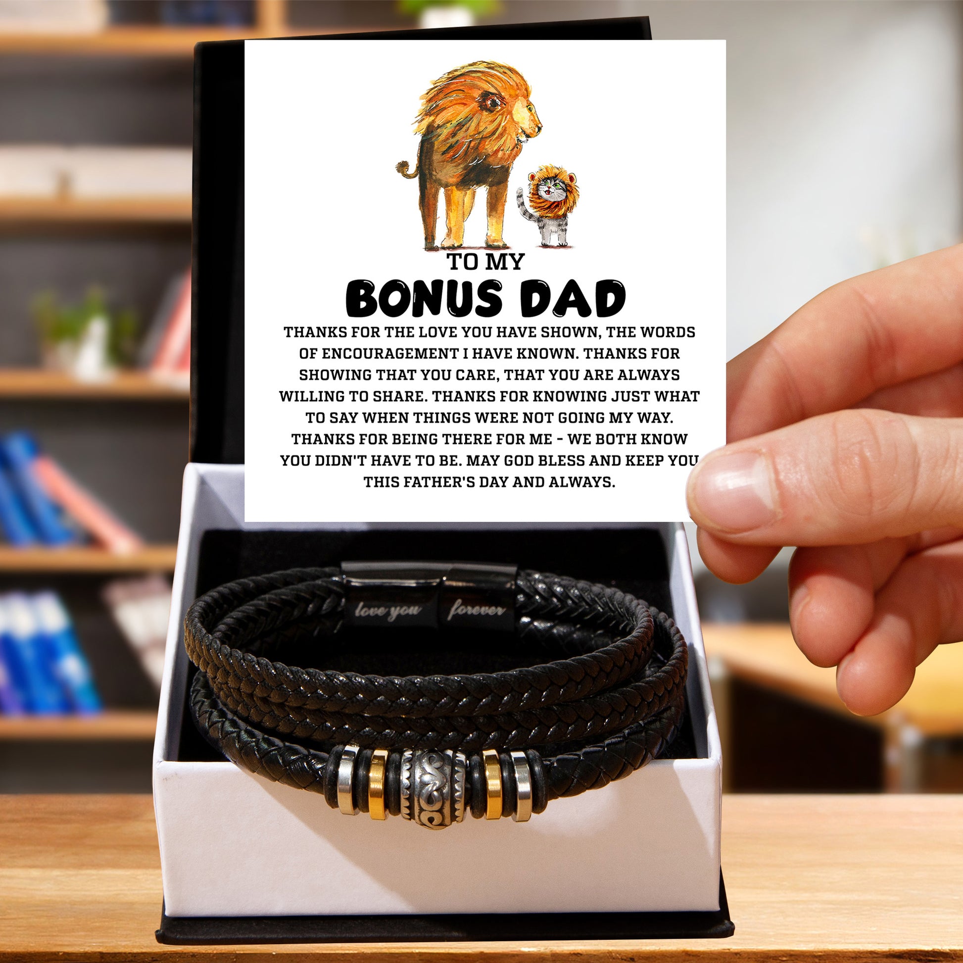 Bonus Dad Father's Day Gift - Men's Love You Forever Bracelet with Grateful Heart Message Card - Braided Vegan Leather Bracelet - Meaningful Stepdad Appreciation Gift - Mallard Moon Gift Shop
