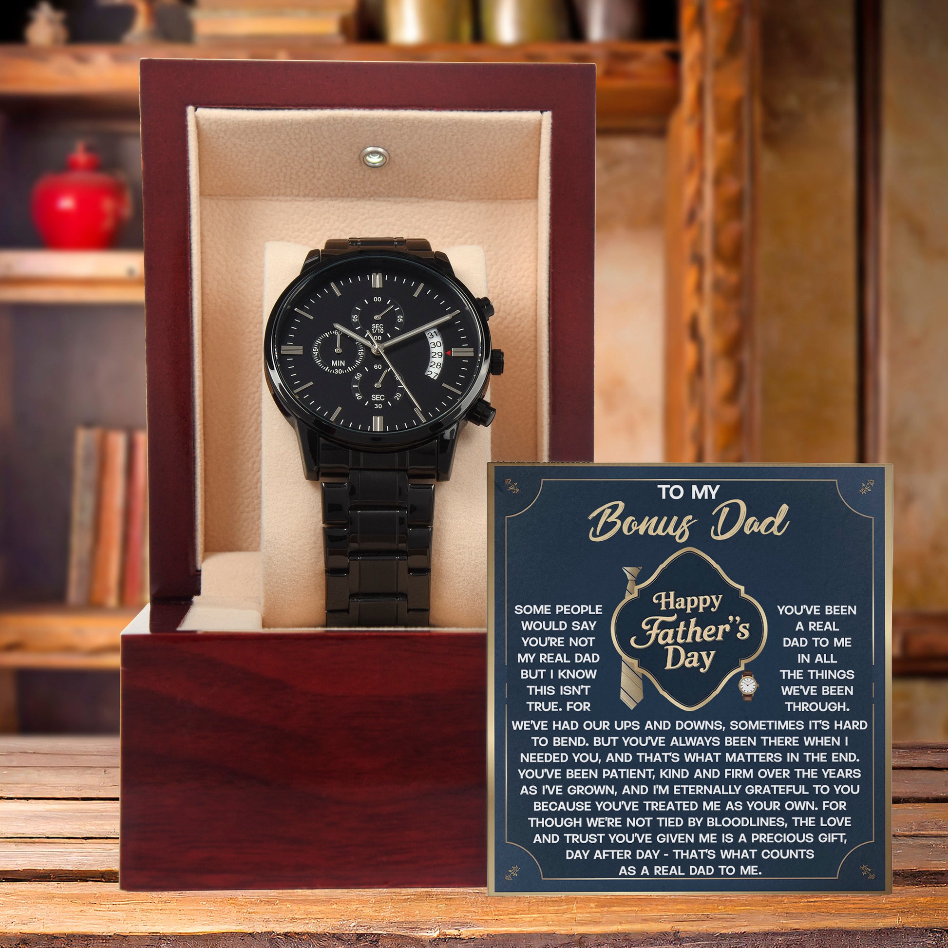 Bonus Dad Black Chronograph Watch – “Real Love, Real Dad” Elegant Father's Day Gift from Stepson or Stepdaughter, Luxury Stainless Steel Watch Premium Gift Box - Mallard Moon Gift Shop