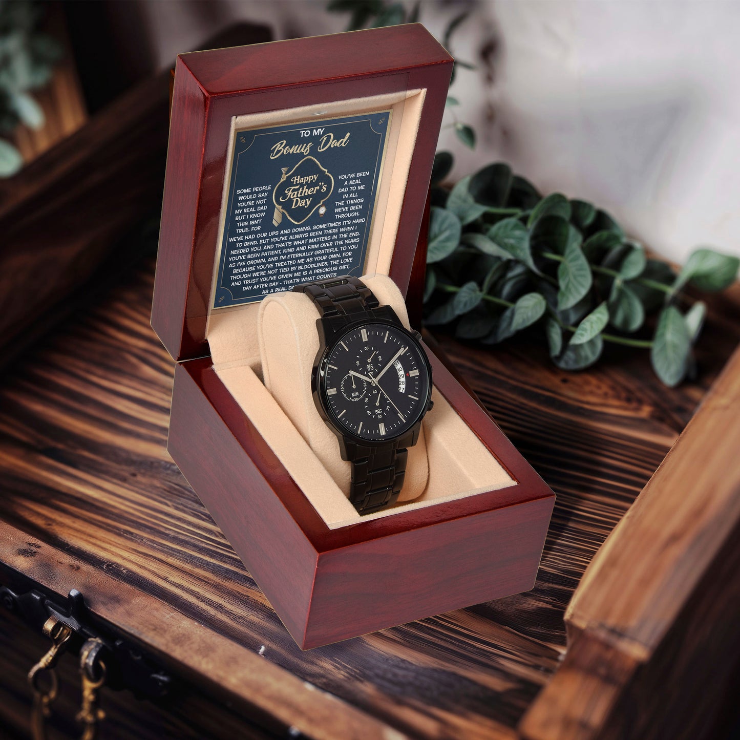 Bonus Dad Black Chronograph Watch – “Real Love, Real Dad” Elegant Father's Day Gift from Stepson or Stepdaughter, Luxury Stainless Steel Watch Premium Gift Box - Mallard Moon Gift Shop