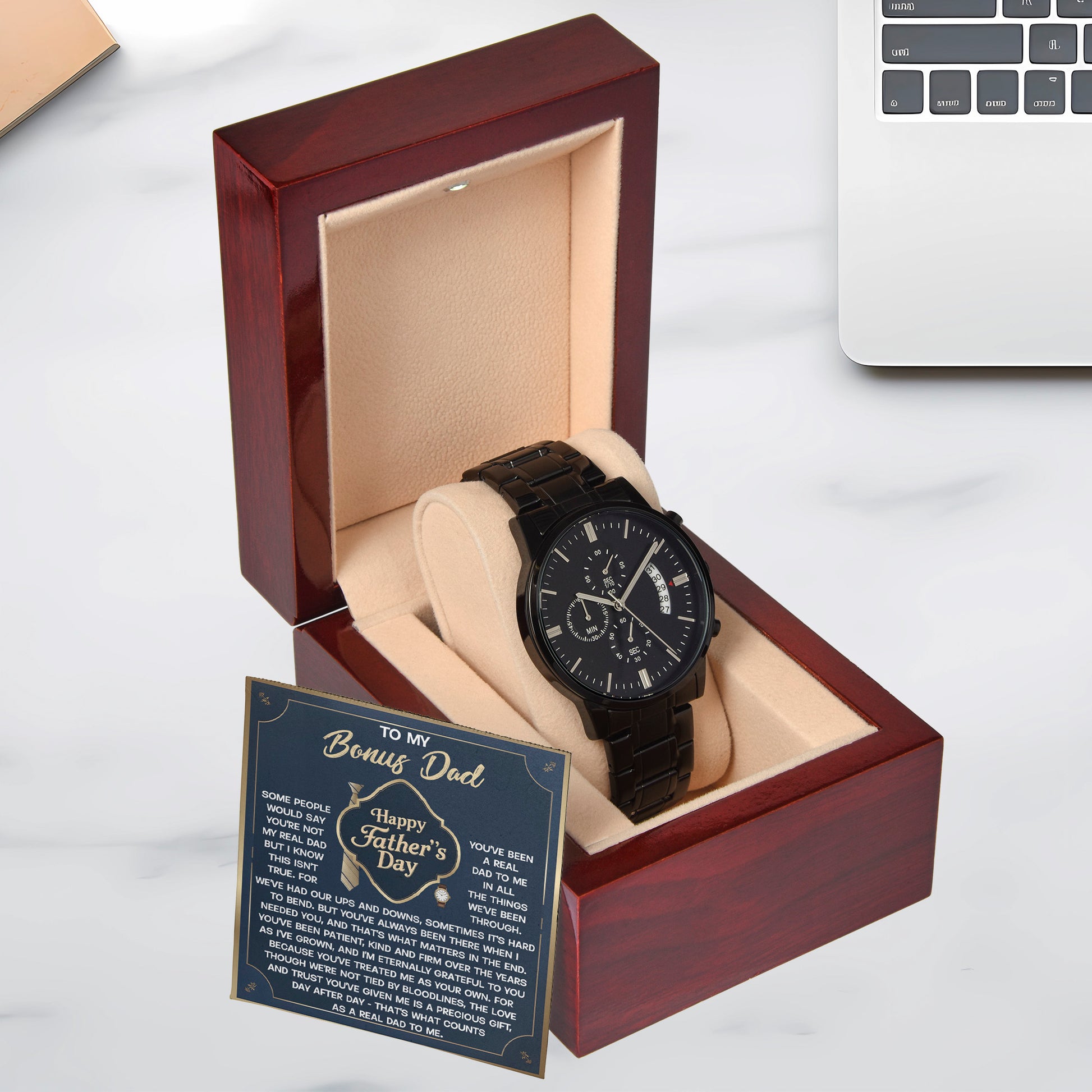 Bonus Dad Black Chronograph Watch – “Real Love, Real Dad” Elegant Father's Day Gift from Stepson or Stepdaughter, Luxury Stainless Steel Watch Premium Gift Box - Mallard Moon Gift Shop
