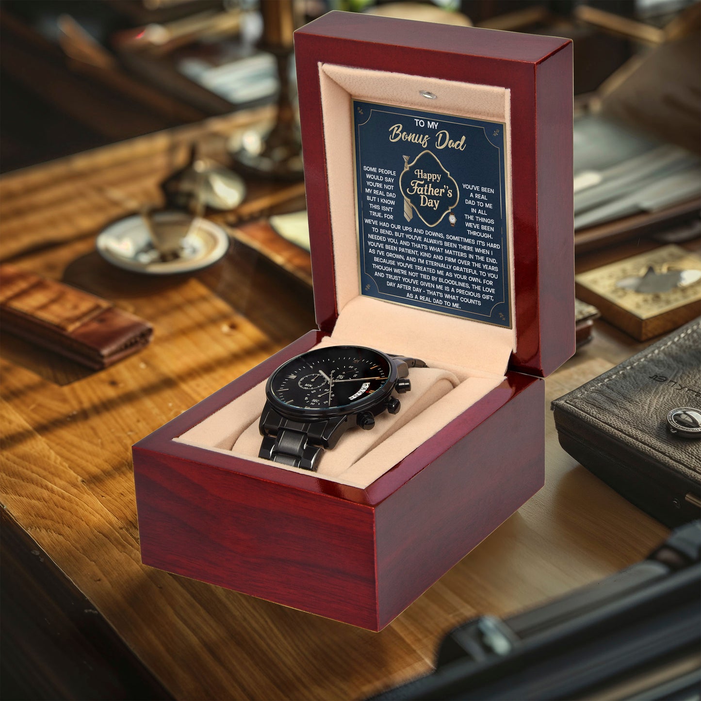 Bonus Dad Black Chronograph Watch – “Real Love, Real Dad” Elegant Father's Day Gift from Stepson or Stepdaughter, Luxury Stainless Steel Watch Premium Gift Box - Mallard Moon Gift Shop