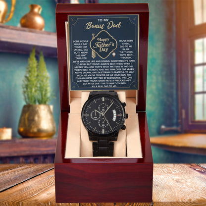 Bonus Dad Black Chronograph Watch – “Real Love, Real Dad” Elegant Father's Day Gift from Stepson or Stepdaughter, Luxury Stainless Steel Watch Premium Gift Box - Mallard Moon Gift Shop