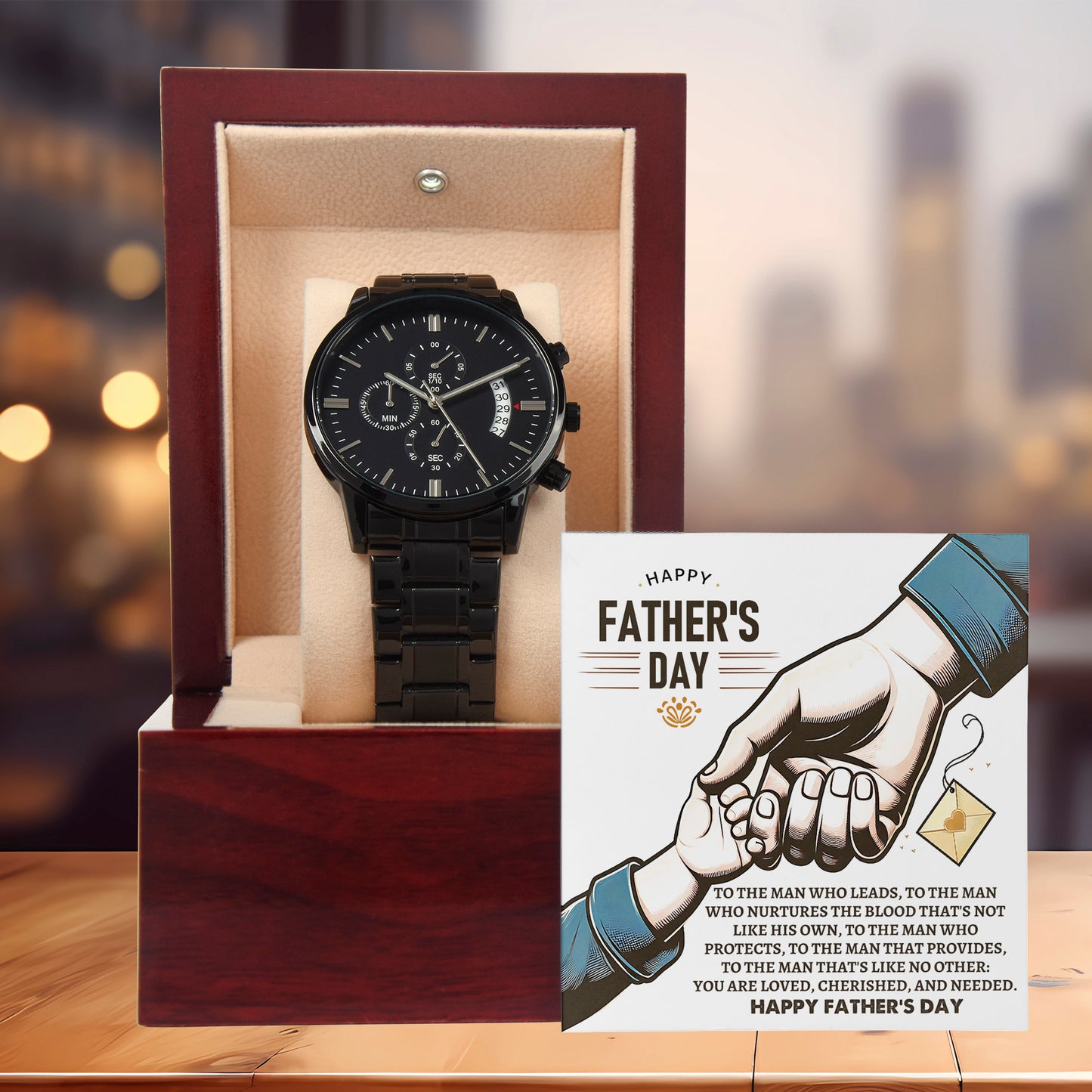Bonus Dad Father's Day Black Chronograph Watch – Elegant Gift for Stepdad, Father Figure, Mentor – Luxury Stainless Steel Timepiece with Copper Dial & Engraved Message Card - Mallard Moon Gift Shop
