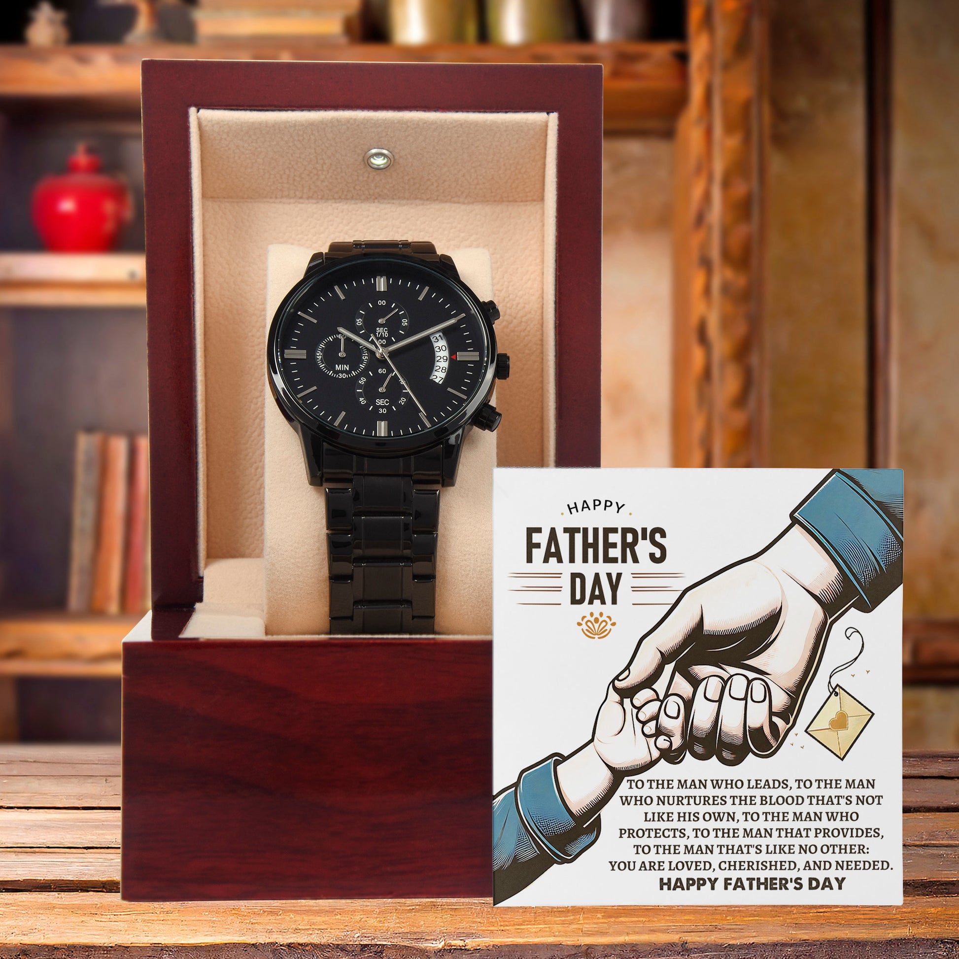 Bonus Dad Father's Day Black Chronograph Watch – Elegant Gift for Stepdad, Father Figure, Mentor – Luxury Stainless Steel Timepiece with Copper Dial & Engraved Message Card - Mallard Moon Gift Shop