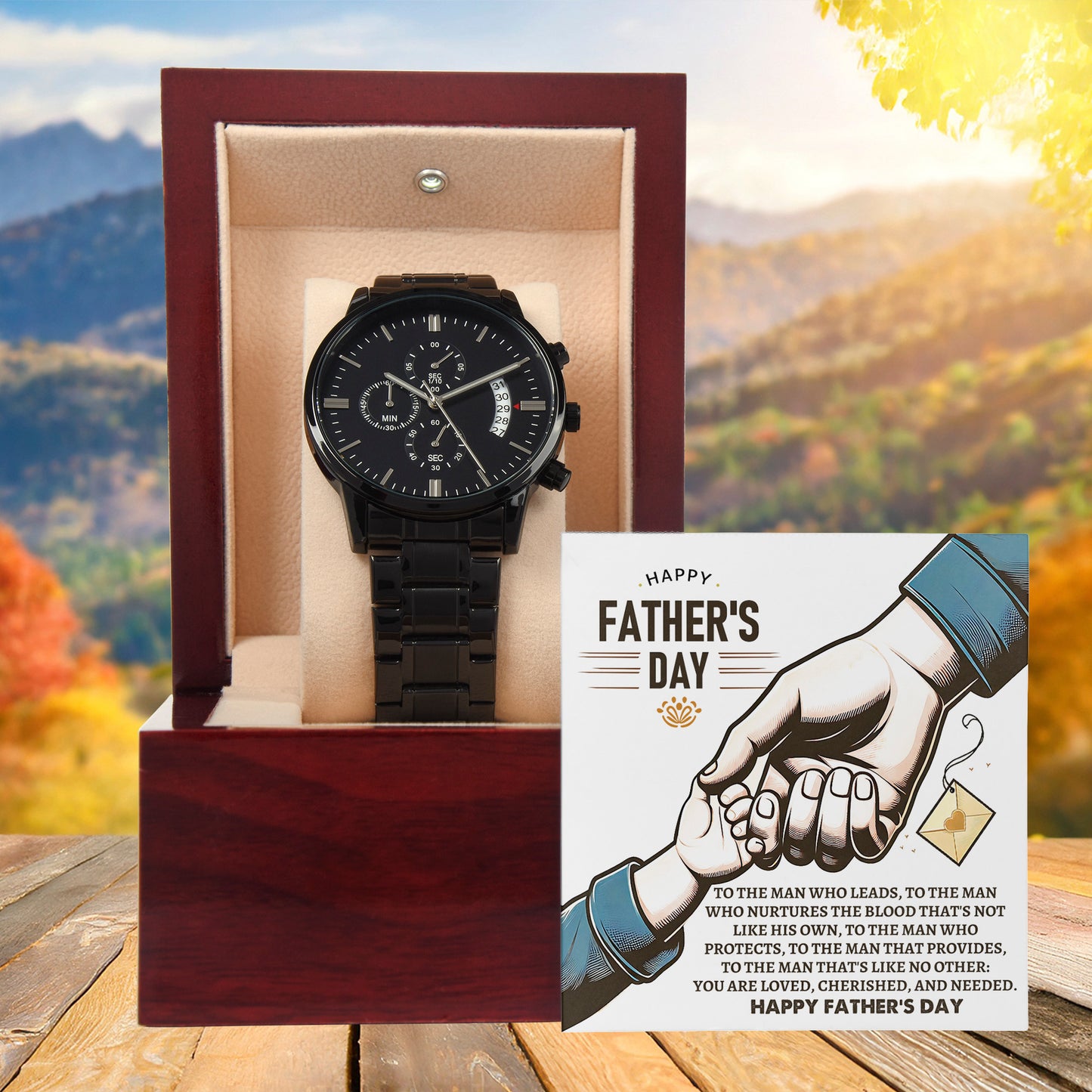 Bonus Dad Father's Day Black Chronograph Watch – Elegant Gift for Stepdad, Father Figure, Mentor – Luxury Stainless Steel Timepiece with Copper Dial & Engraved Message Card - Mallard Moon Gift Shop