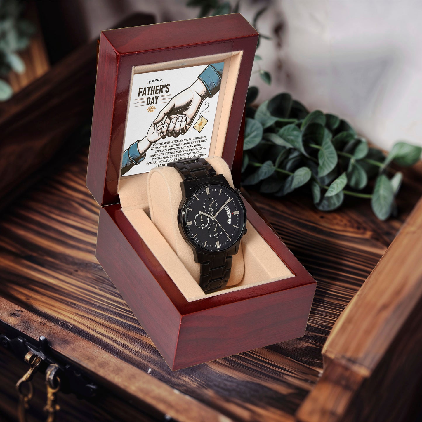Bonus Dad Father's Day Black Chronograph Watch – Elegant Gift for Stepdad, Father Figure, Mentor – Luxury Stainless Steel Timepiece with Copper Dial & Engraved Message Card - Mallard Moon Gift Shop