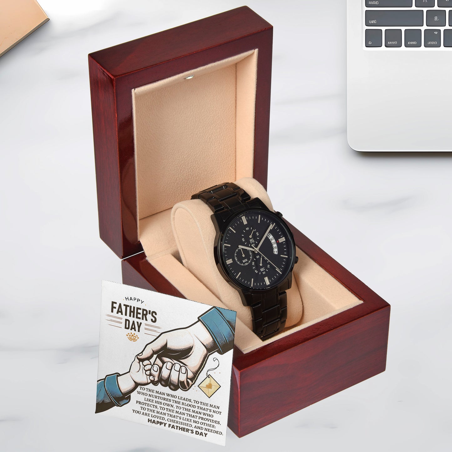 Bonus Dad Father's Day Black Chronograph Watch – Elegant Gift for Stepdad, Father Figure, Mentor – Luxury Stainless Steel Timepiece with Copper Dial & Engraved Message Card - Mallard Moon Gift Shop