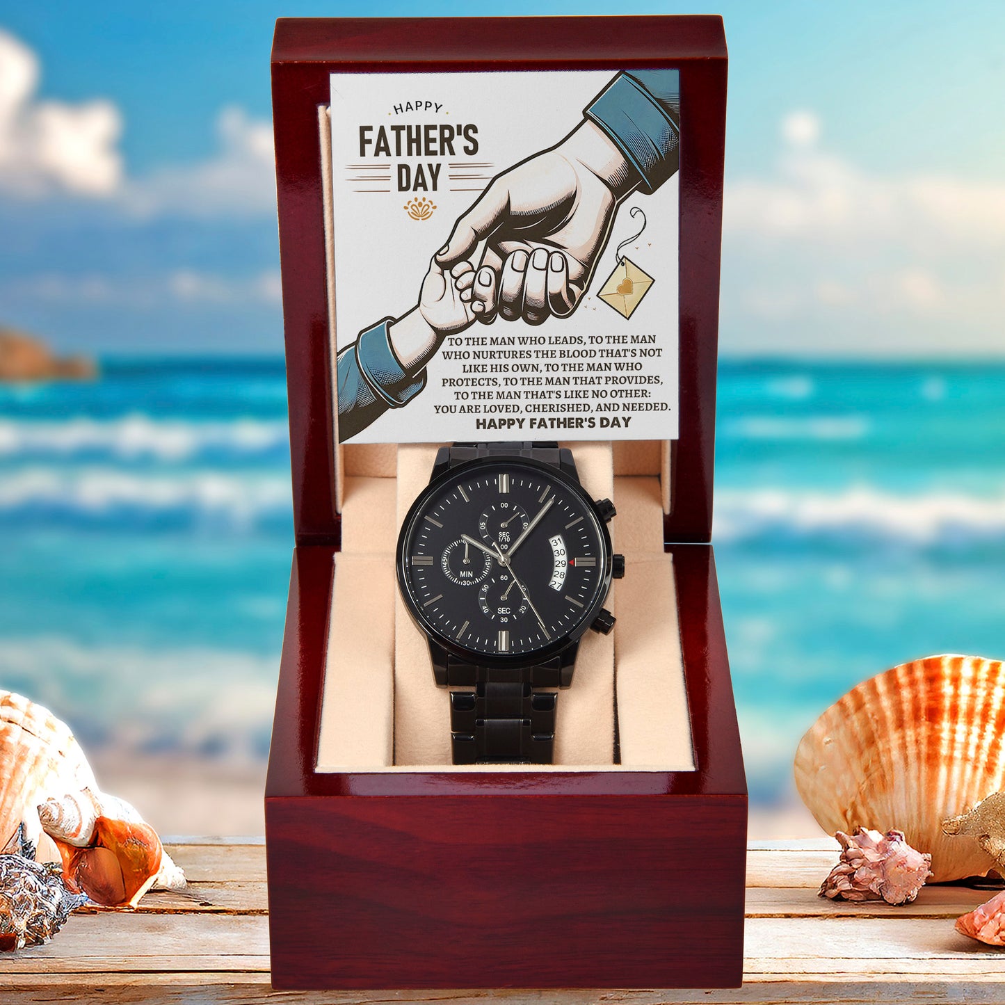 Bonus Dad Father's Day Black Chronograph Watch – Elegant Gift for Stepdad, Father Figure, Mentor – Luxury Stainless Steel Timepiece with Copper Dial & Engraved Message Card - Mallard Moon Gift Shop