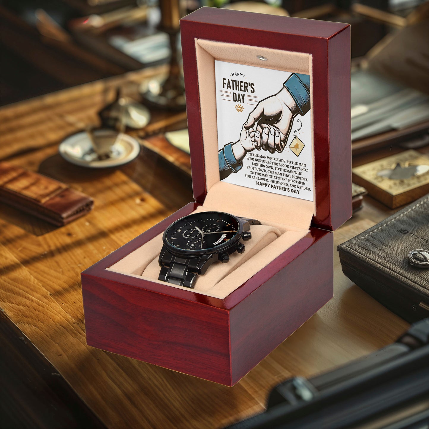 Bonus Dad Father's Day Black Chronograph Watch – Elegant Gift for Stepdad, Father Figure, Mentor – Luxury Stainless Steel Timepiece with Copper Dial & Engraved Message Card - Mallard Moon Gift Shop