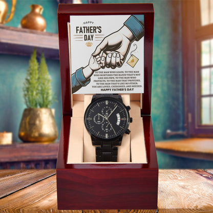 Bonus Dad Father's Day Black Chronograph Watch – Elegant Gift for Stepdad, Father Figure, Mentor – Luxury Stainless Steel Timepiece with Copper Dial & Engraved Message Card - Mallard Moon Gift Shop