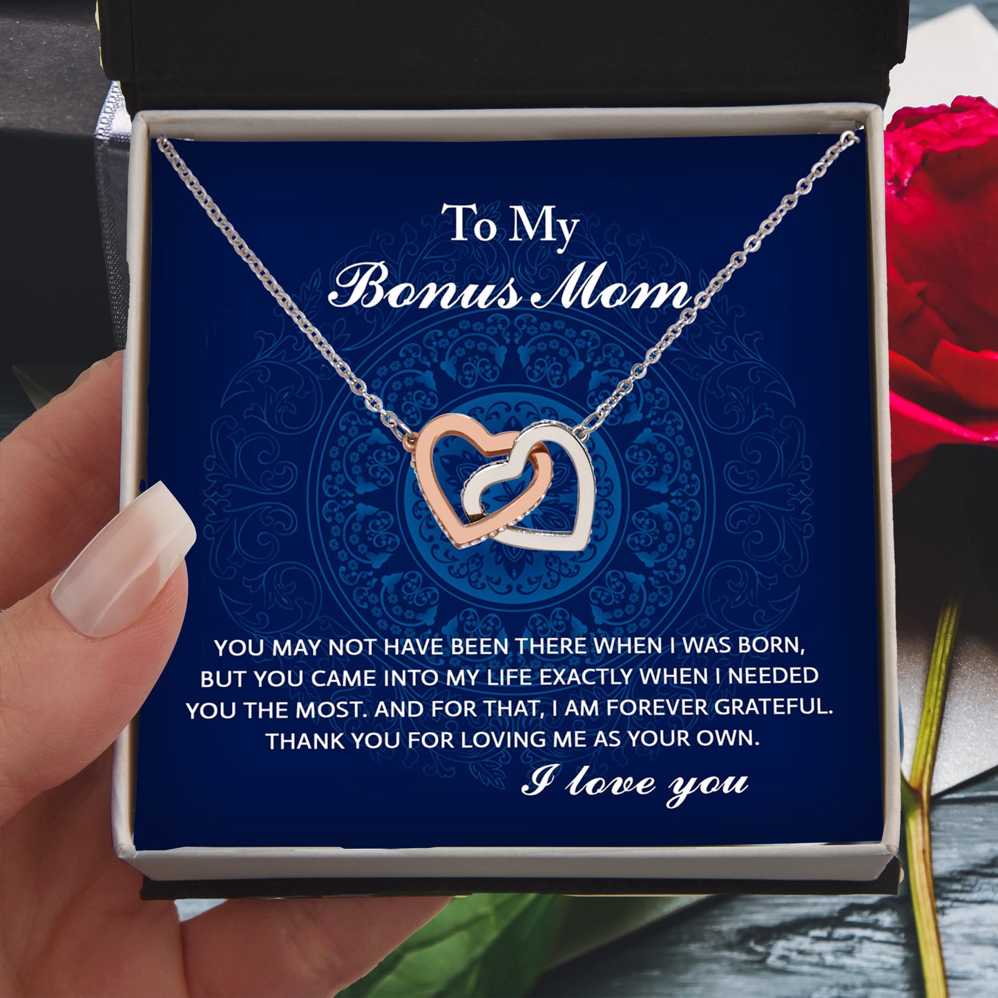 To My Bonus Mom - You Were There When I Needed You Interlocking Hearts Pendant Necklace - Mallard Moon Gift Shop
