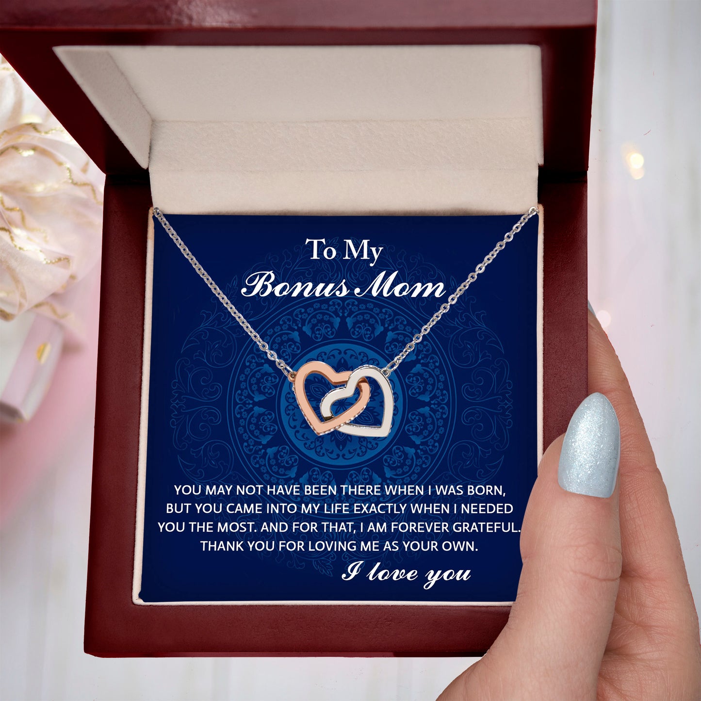 To My Bonus Mom - You Were There When I Needed You Interlocking Hearts Pendant Necklace - Mallard Moon Gift Shop