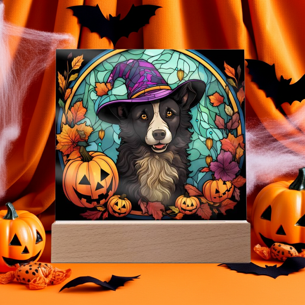Dog Halloween Portrait Stained Glass Acrylic Plaque with LED Lighted Wooden Base - Mallard Moon