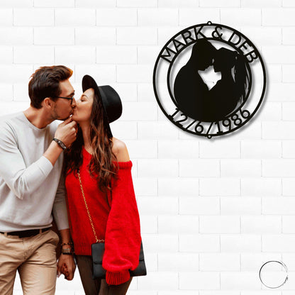 Couple Silhouette Sweetheart Custom Monogram Name Metal Wall Art - Mallard Moon Gift Shop