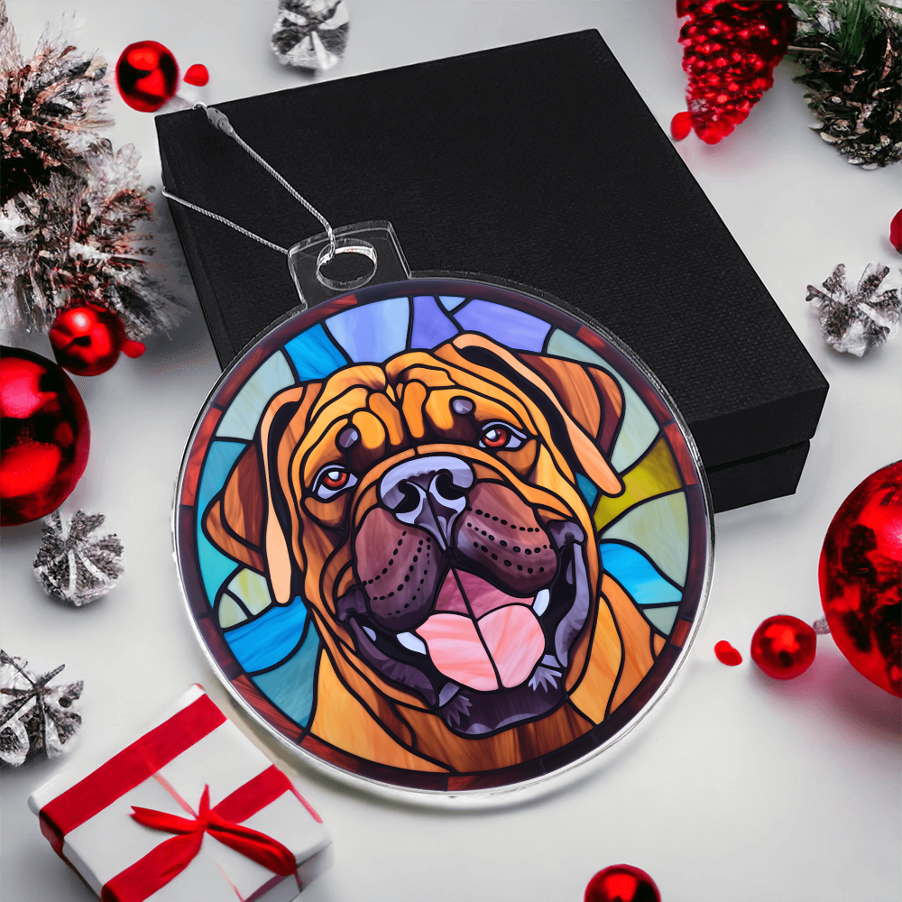 Bullmastiff Acrylic Ornament – Stained Glass Style Dog Lover Holiday Gift – Premium 3.9" Clear Ornament with Silver Twine