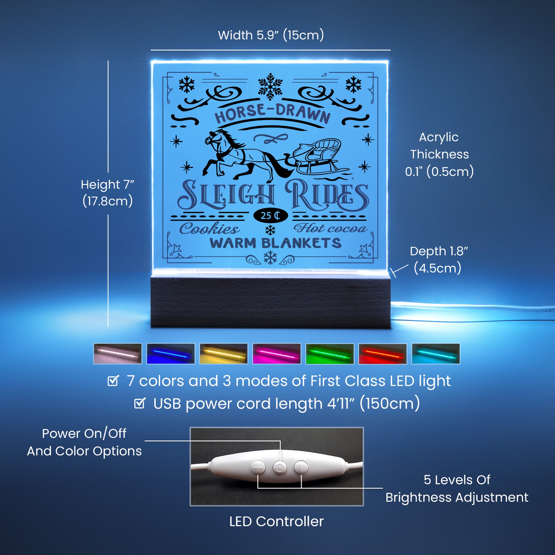 Christmas Horse Drawn Sleigh Rides Acrylic Square Plaque with LED Wooden Base - Mallard Moon Gift Shop