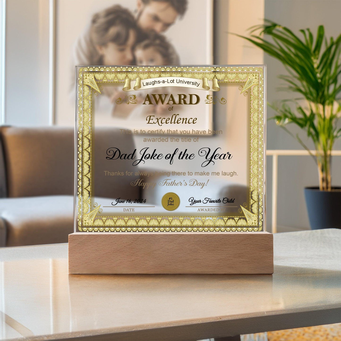 Gift for Dad Award of Excellence for Dad Joke of the Year Personalized Acrylic Plaque - Mallard Moon Gift Shop