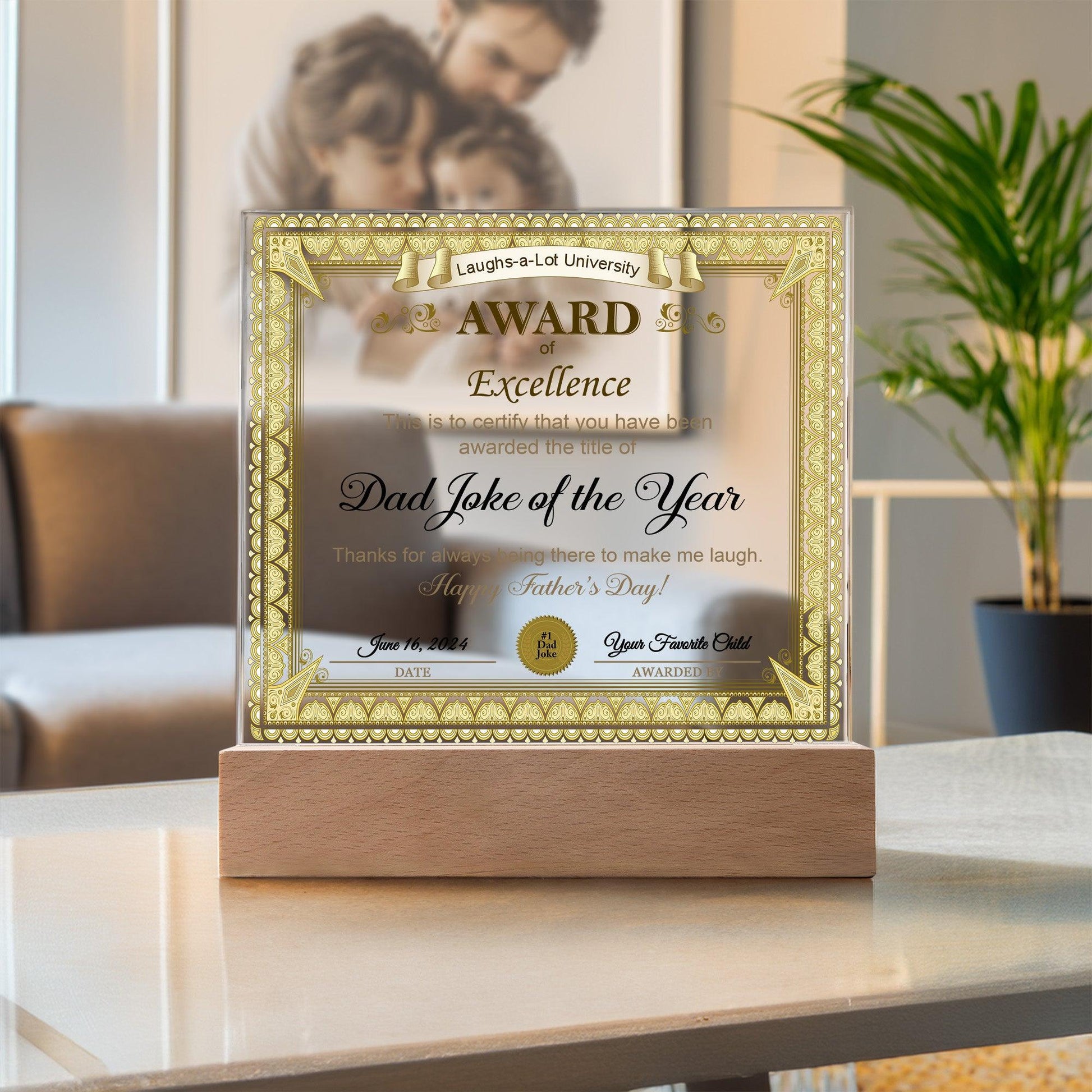 Gift for Dad Award of Excellence for Dad Joke of the Year Personalized Acrylic Plaque - Mallard Moon Gift Shop