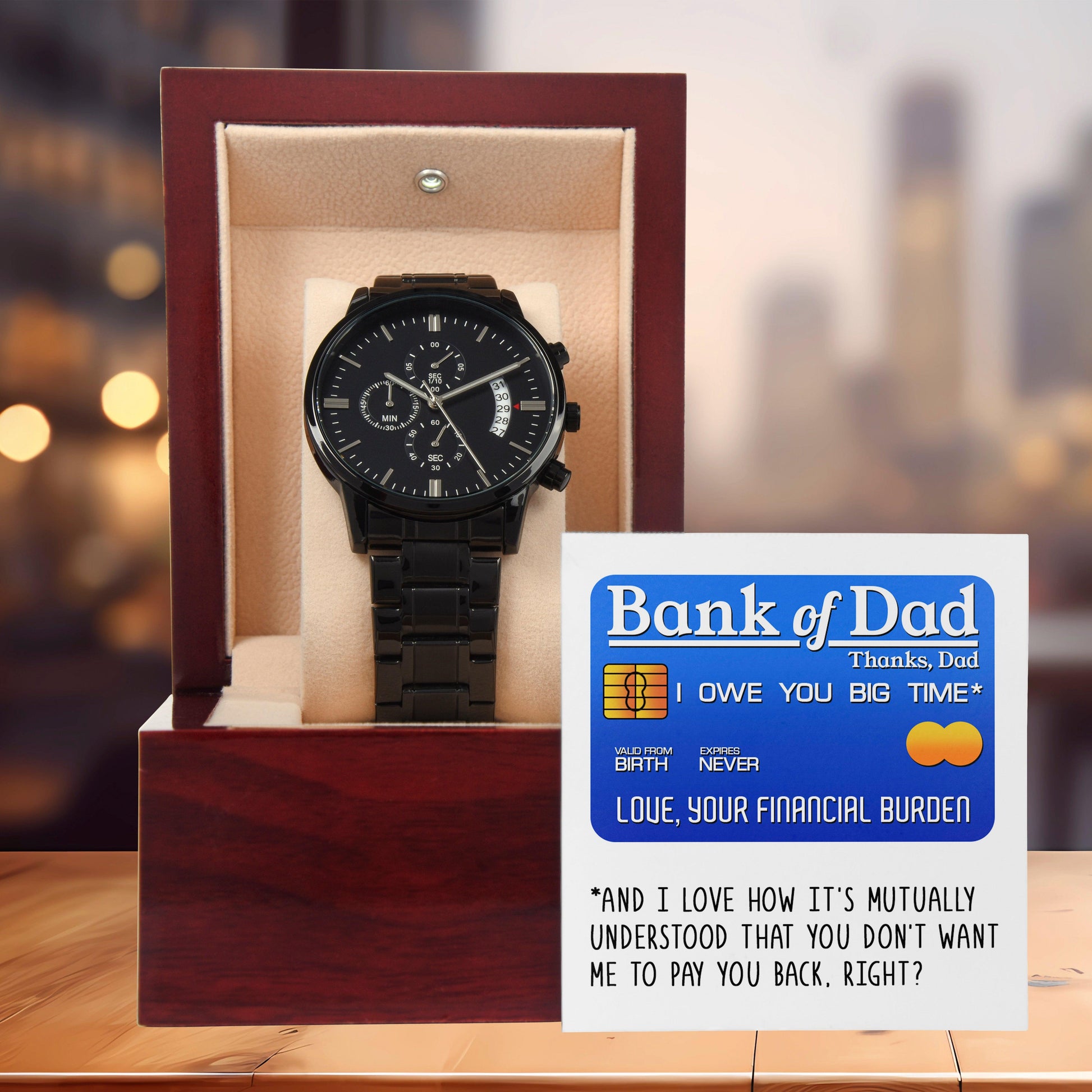 Dad Gift - Bank Of Dad - Black Chronograph Watch - Mallard Moon Gift Shop