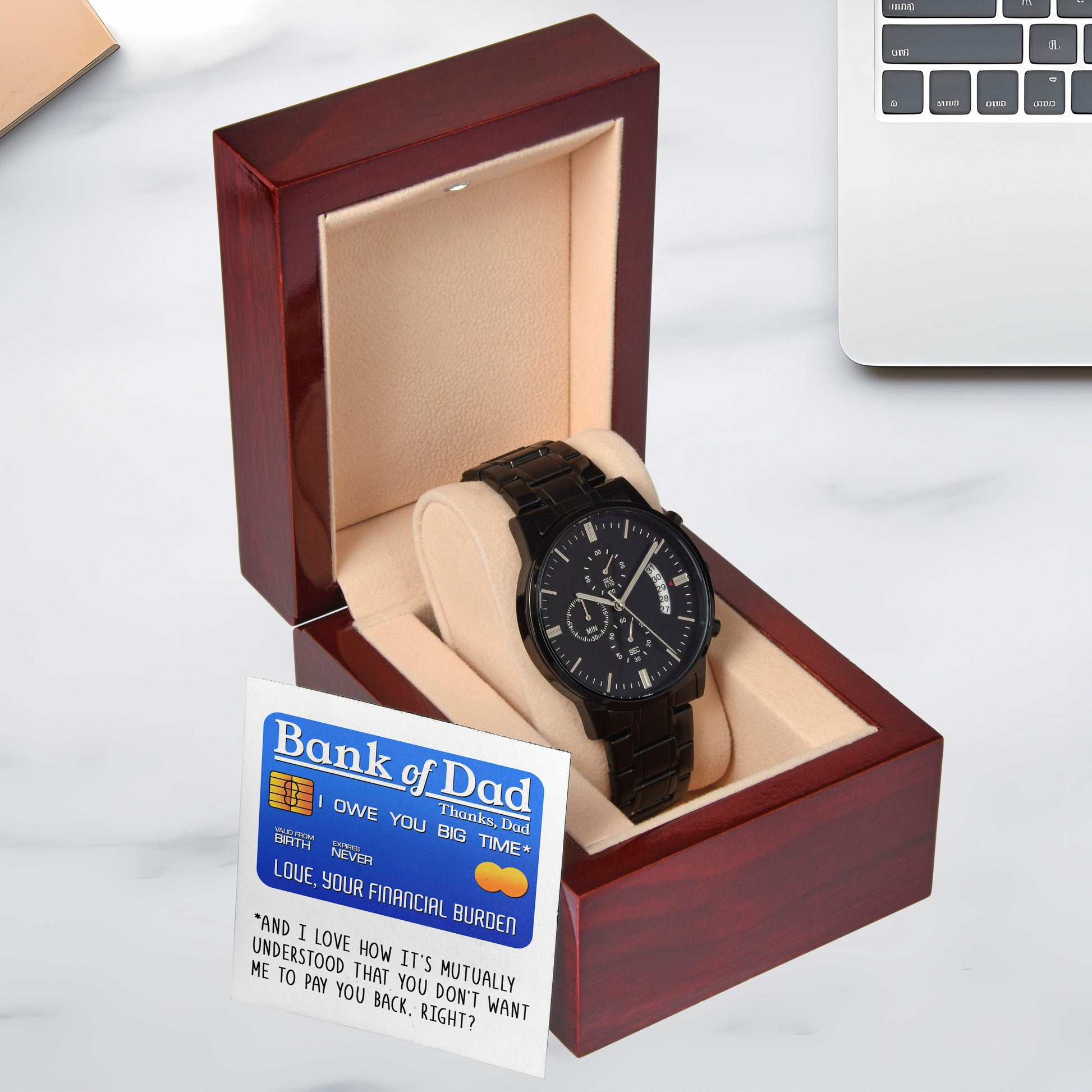 Dad Gift - Bank Of Dad - Black Chronograph Watch - Mallard Moon Gift Shop