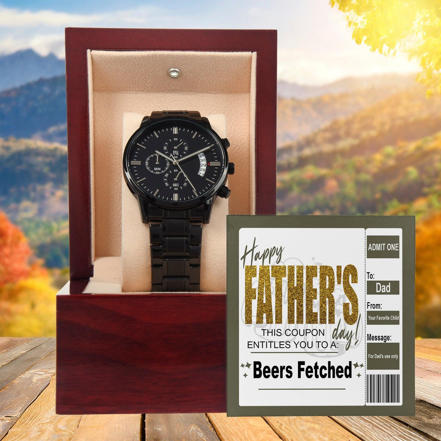 Dad Father's Day Gift - Coupon for Beers Fetched - Black Chronograph Watch - Mallard Moon Gift Shop