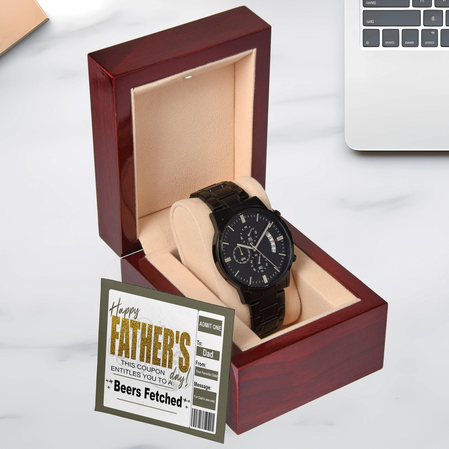 Dad Father's Day Gift - Coupon for Beers Fetched - Black Chronograph Watch - Mallard Moon Gift Shop