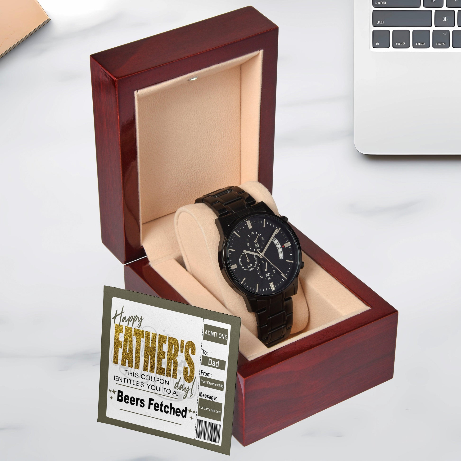 Dad Father's Day Gift - Coupon for Beers Fetched - Black Chronograph Watch - Mallard Moon Gift Shop