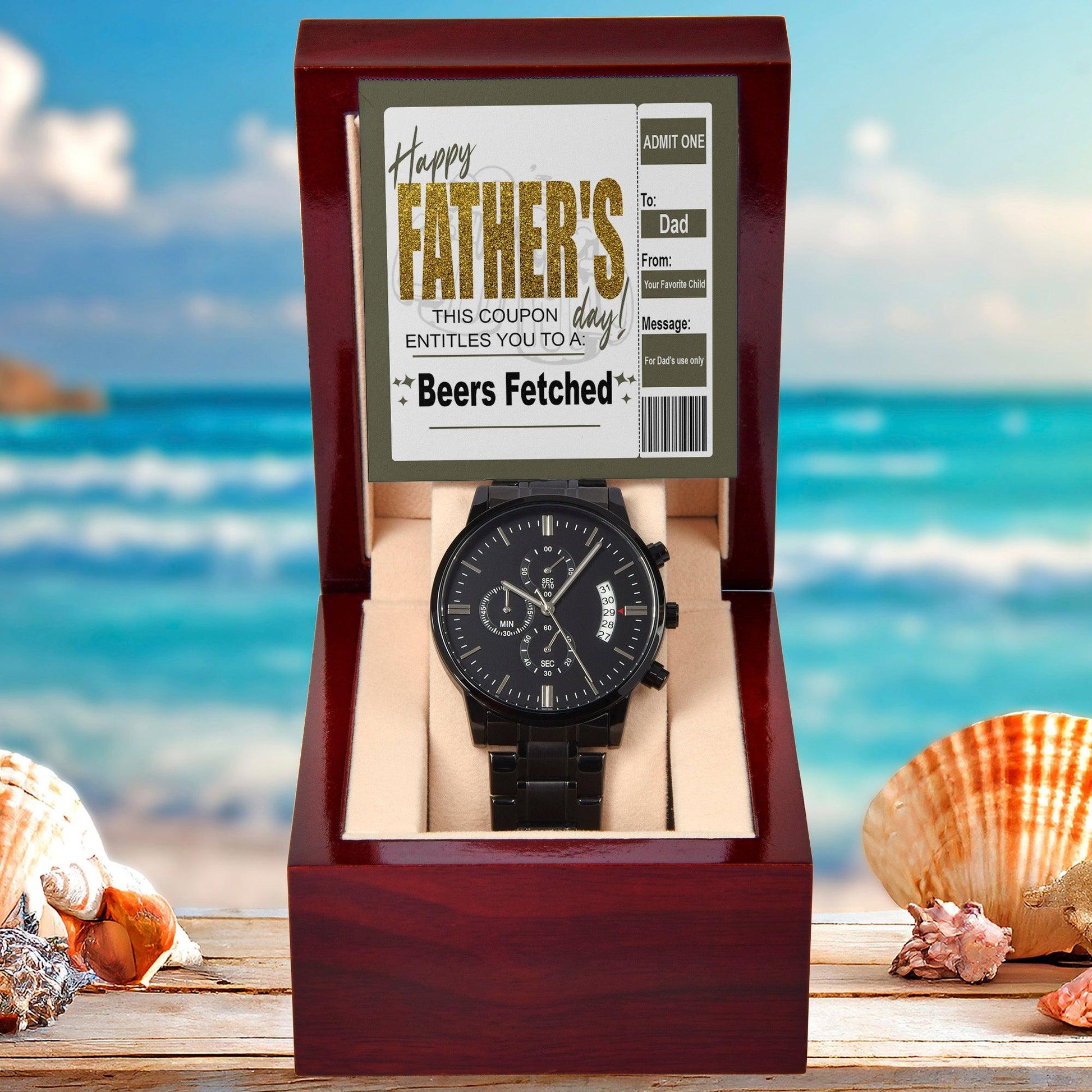 Dad Father's Day Gift - Coupon for Beers Fetched - Black Chronograph Watch - Mallard Moon Gift Shop