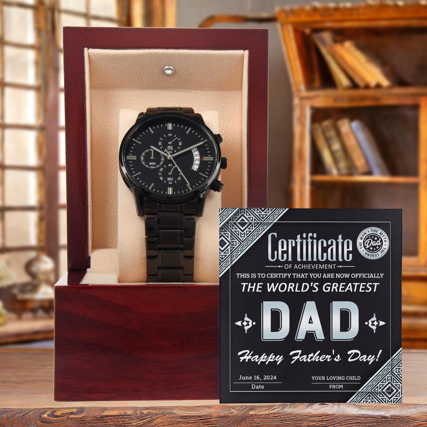 Dad Certificate of Achievement as the World's Greatest Dad Black Chronograph Watch - Mallard Moon Gift Shop