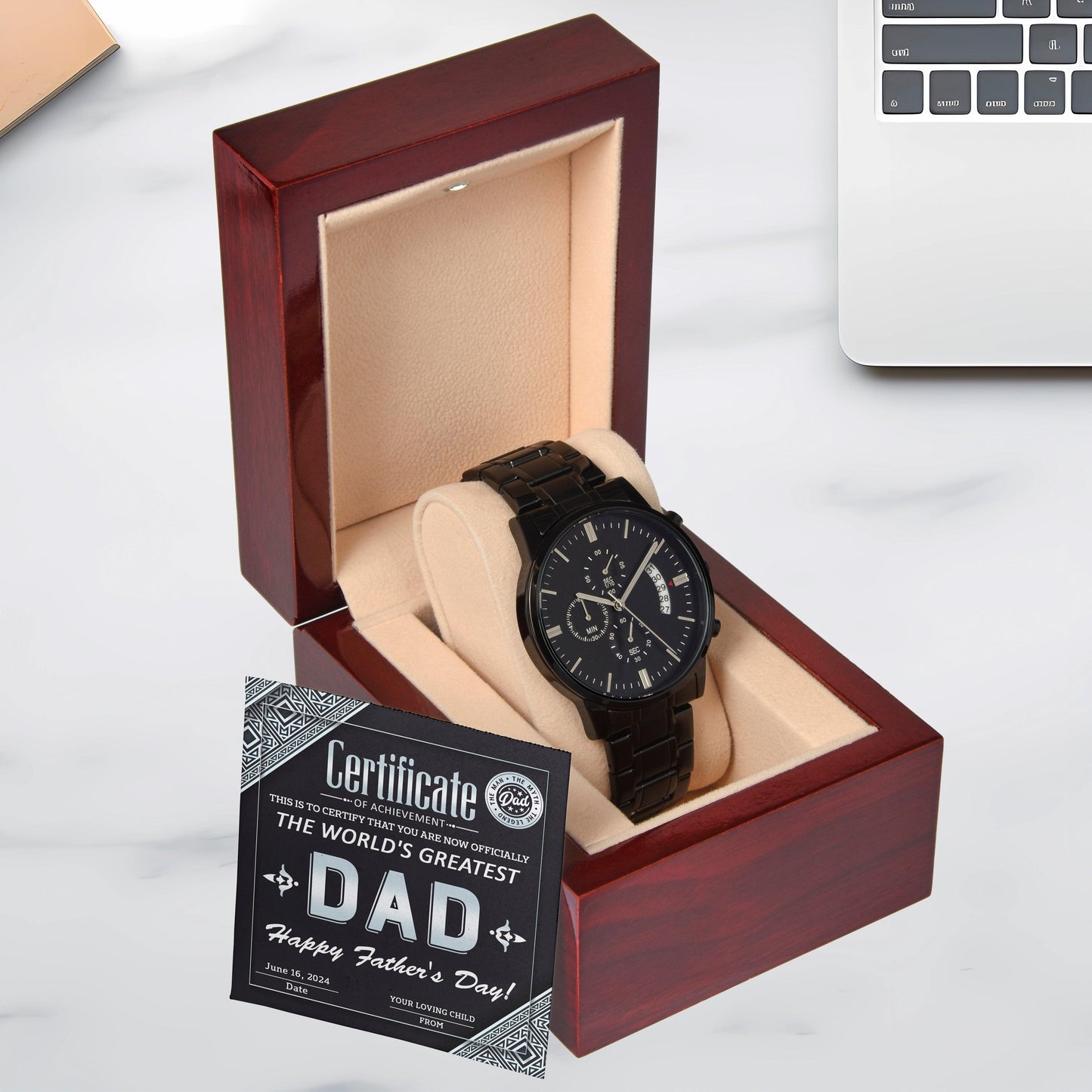 Dad Certificate of Achievement as the World's Greatest Dad Black Chronograph Watch - Mallard Moon Gift Shop