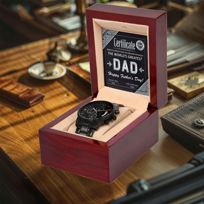 Dad Certificate of Achievement as the World's Greatest Dad Black Chronograph Watch - Mallard Moon Gift Shop