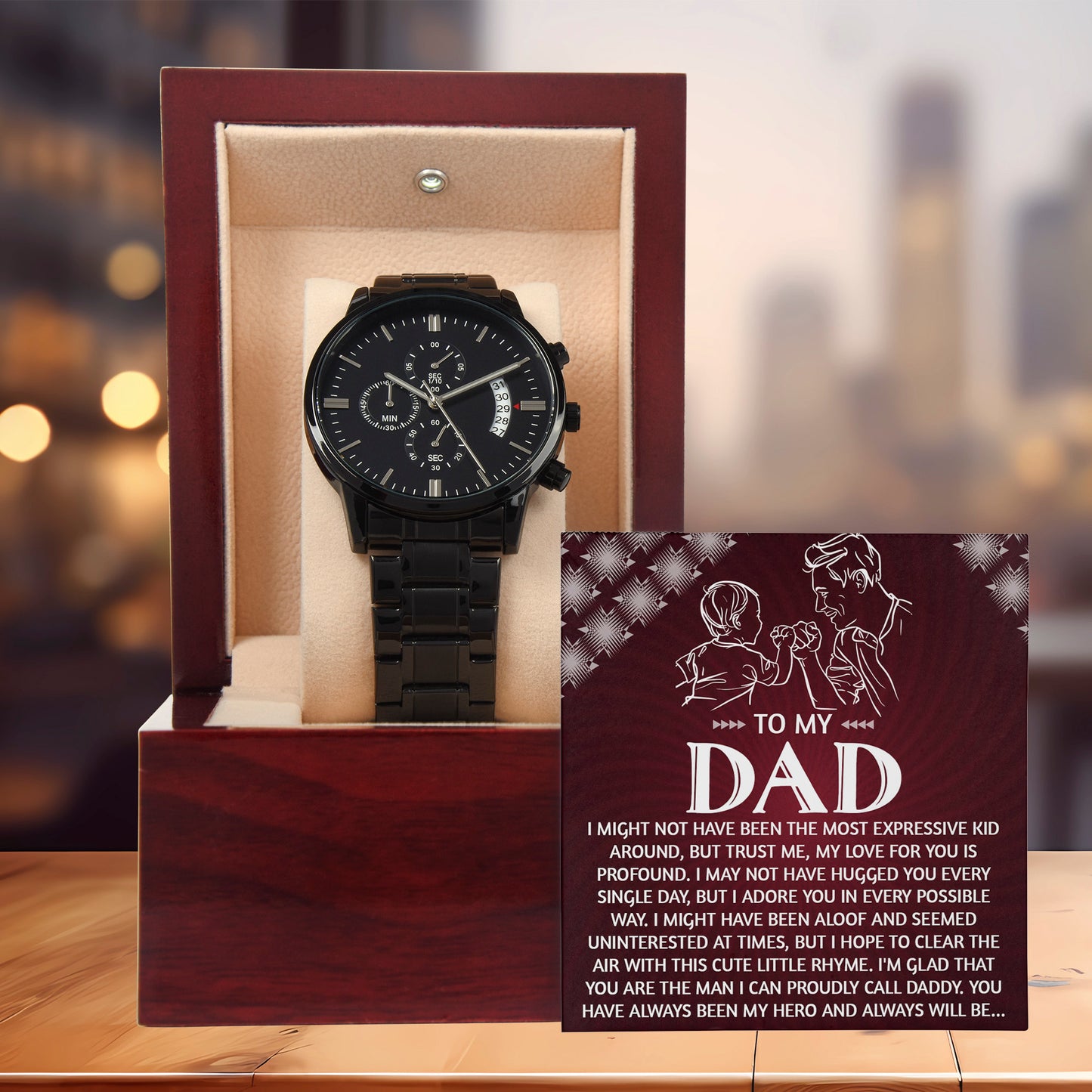 To My Dad Chronograph Watch - Heartfelt Expressive Love Message Card Gift for Dad from Child - Stylish Black Stainless-Steel Timepiece - Father's Day, Birthday, Christmas Keepsake for Dad - Mallard Moon Gift Shop