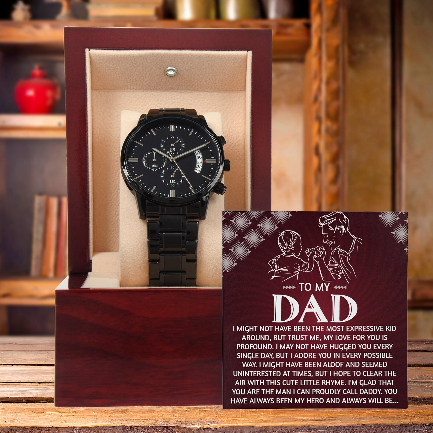 To My Dad Chronograph Watch - Heartfelt Expressive Love Message Card Gift for Dad from Child - Stylish Black Stainless-Steel Timepiece - Father's Day, Birthday, Christmas Keepsake for Dad - Mallard Moon Gift Shop