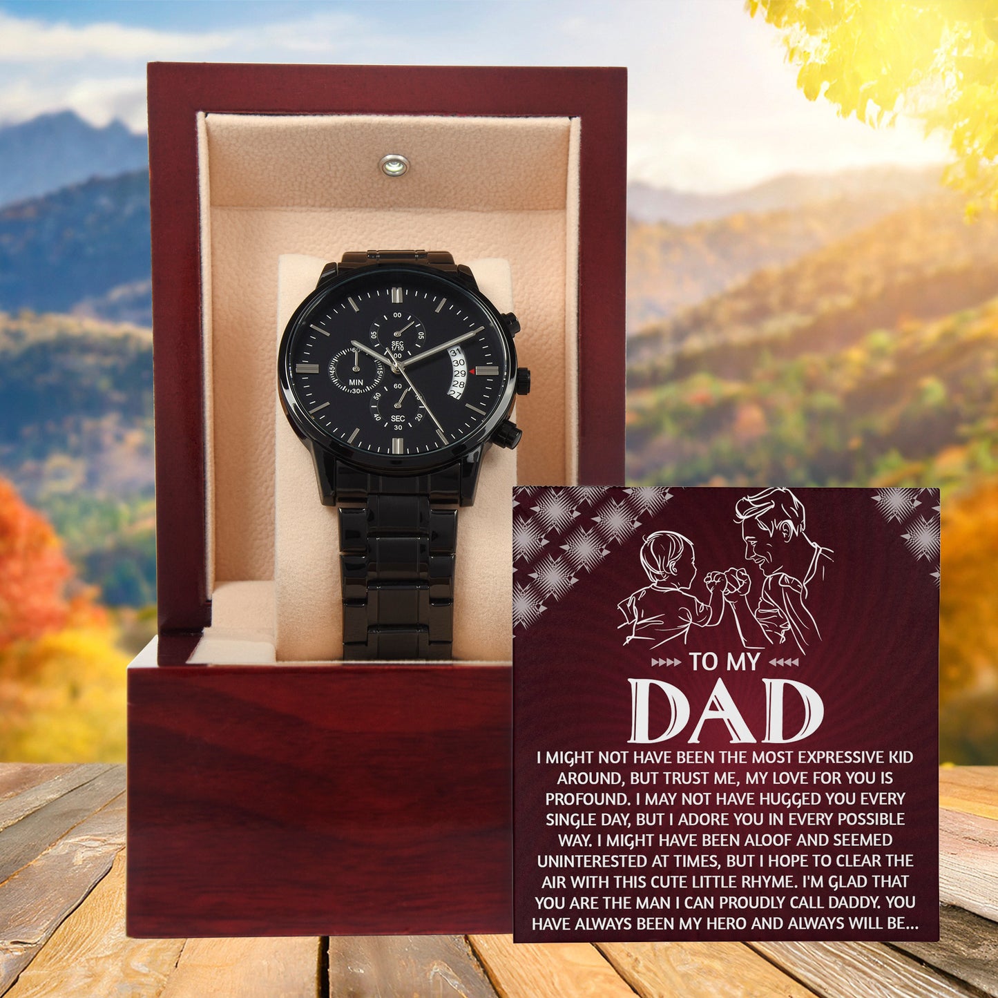 To My Dad Chronograph Watch - Heartfelt Expressive Love Message Card Gift for Dad from Child - Stylish Black Stainless-Steel Timepiece - Father's Day, Birthday, Christmas Keepsake for Dad - Mallard Moon Gift Shop