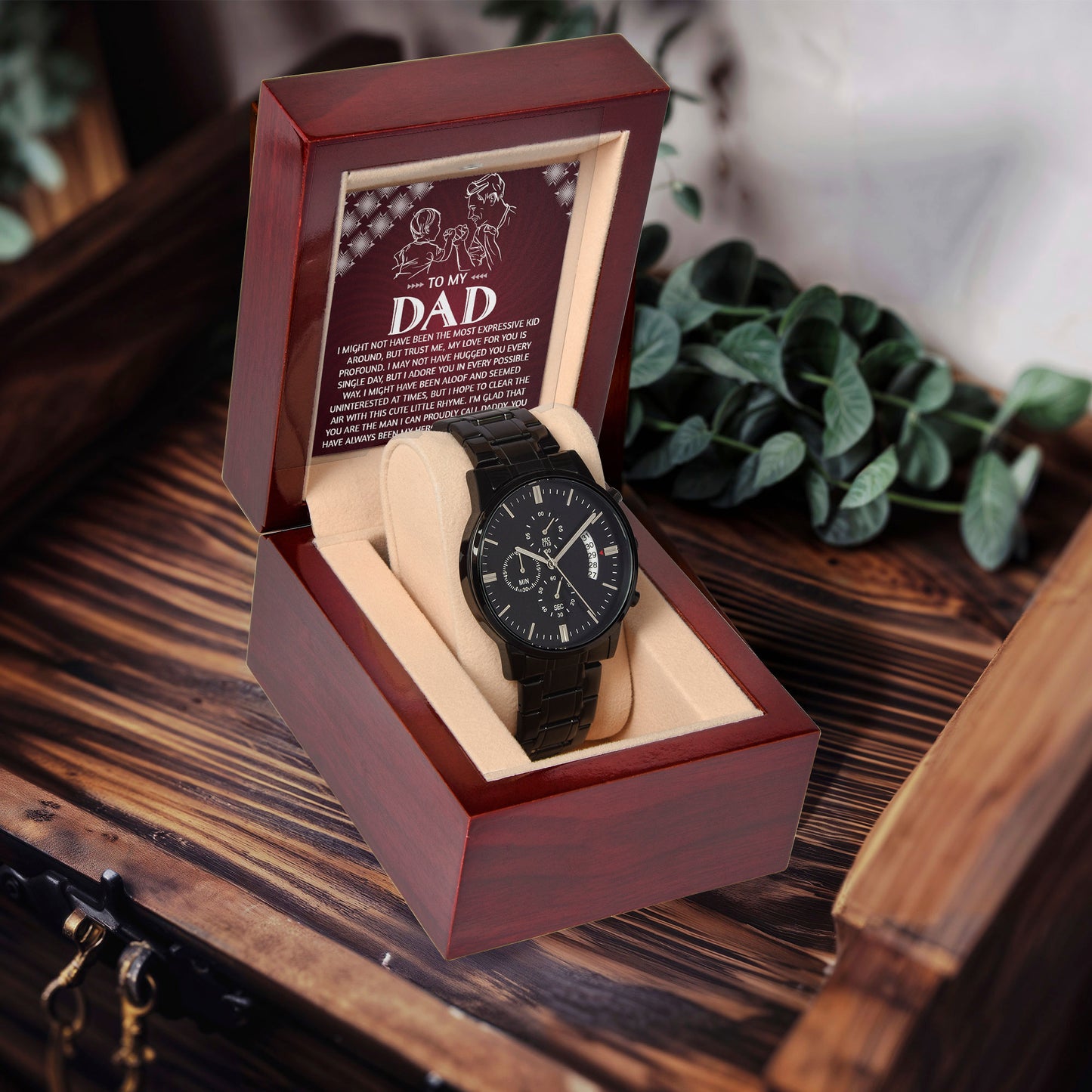 To My Dad Chronograph Watch - Heartfelt Expressive Love Message Card Gift for Dad from Child - Stylish Black Stainless-Steel Timepiece - Father's Day, Birthday, Christmas Keepsake for Dad - Mallard Moon Gift Shop