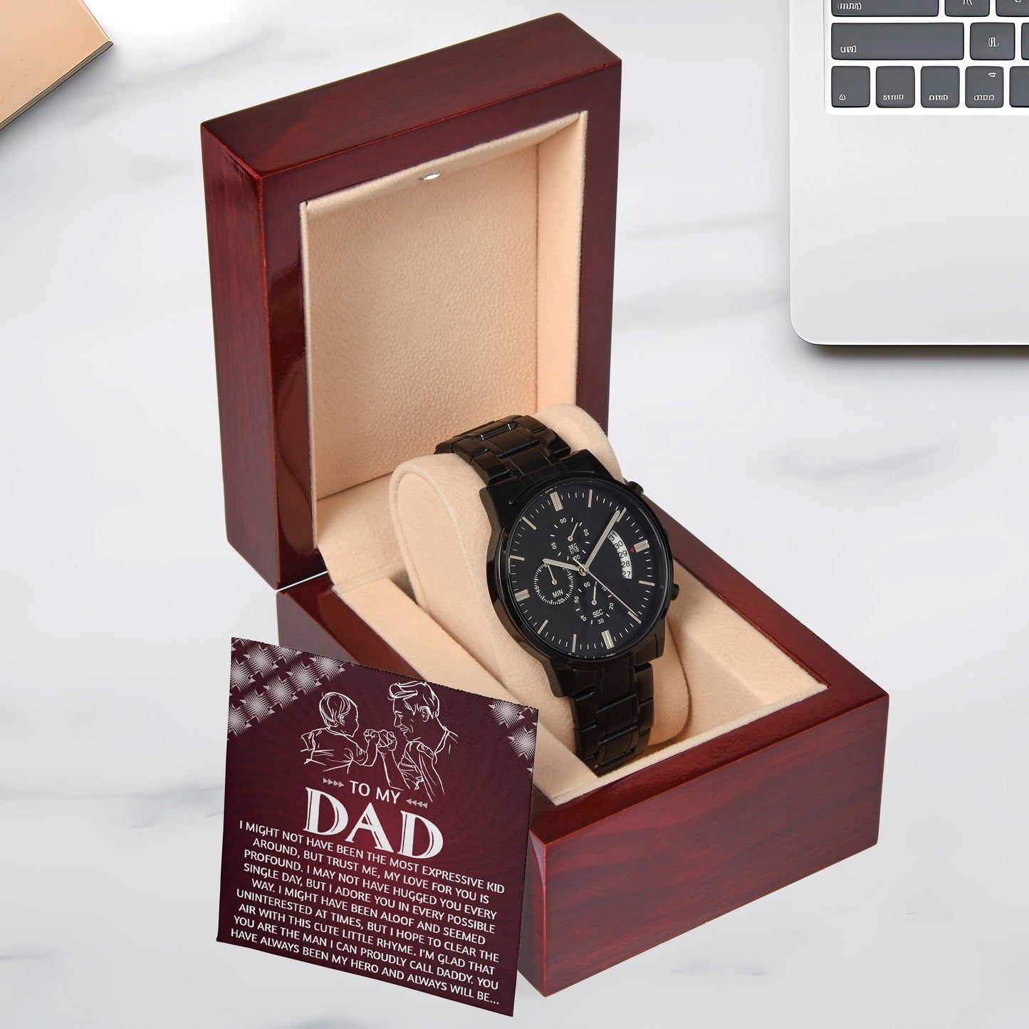 To My Dad Chronograph Watch - Heartfelt Expressive Love Message Card Gift for Dad from Child - Stylish Black Stainless-Steel Timepiece - Father's Day, Birthday, Christmas Keepsake for Dad - Mallard Moon Gift Shop