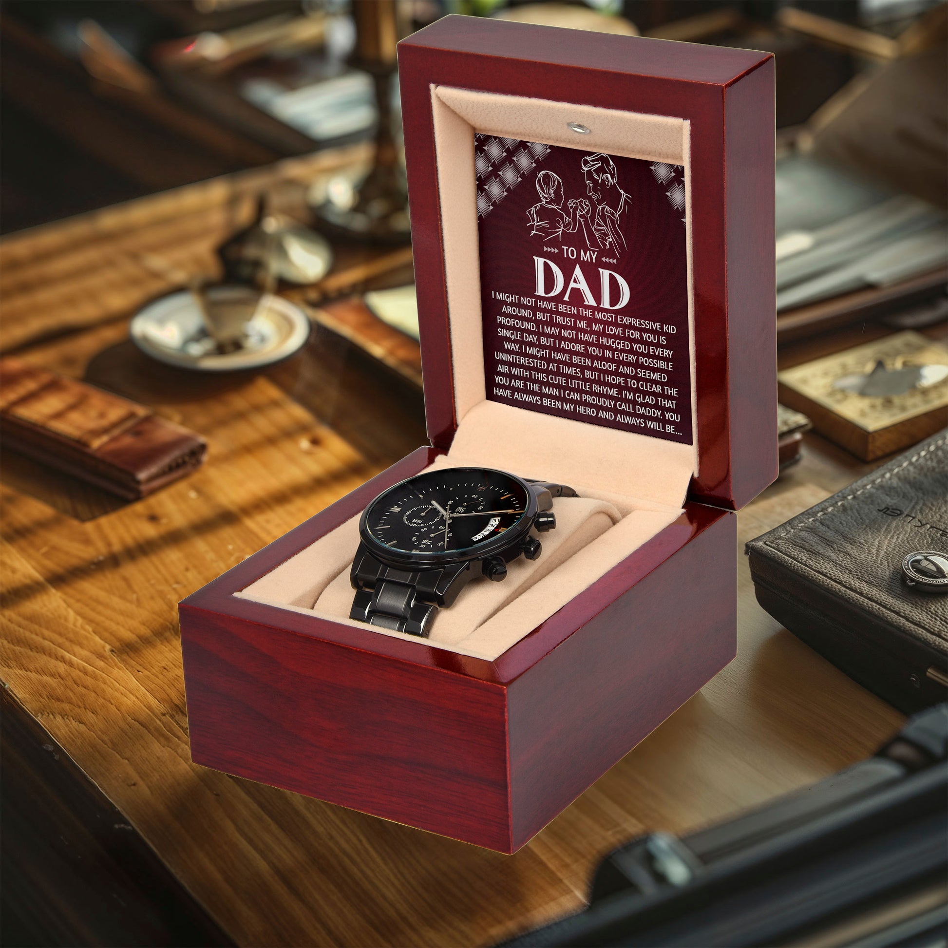 To My Dad Chronograph Watch - Heartfelt Expressive Love Message Card Gift for Dad from Child - Stylish Black Stainless-Steel Timepiece - Father's Day, Birthday, Christmas Keepsake for Dad - Mallard Moon Gift Shop