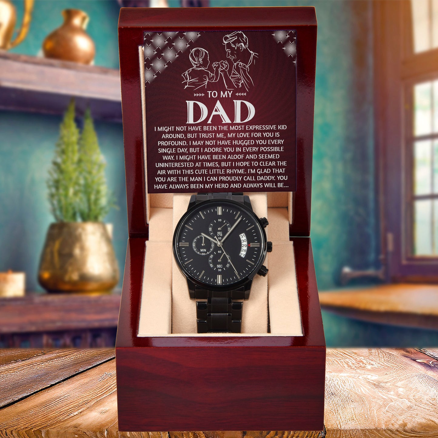 To My Dad Chronograph Watch - Heartfelt Expressive Love Message Card Gift for Dad from Child - Stylish Black Stainless-Steel Timepiece - Father's Day, Birthday, Christmas Keepsake for Dad - Mallard Moon Gift Shop