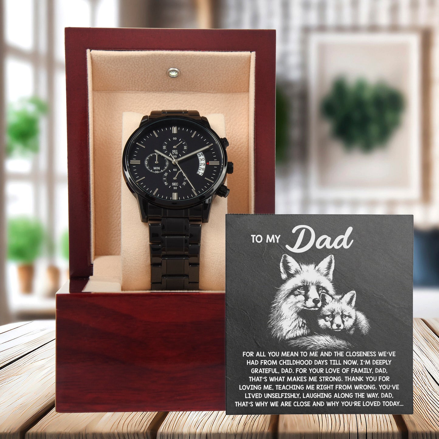 To My Dad Black Chronograph Watch - Meaningful Father's Day Gift with Family Love Message and Fox & Kit Design - Elegant Gift Box Included - Mallard Moon Gift Shop