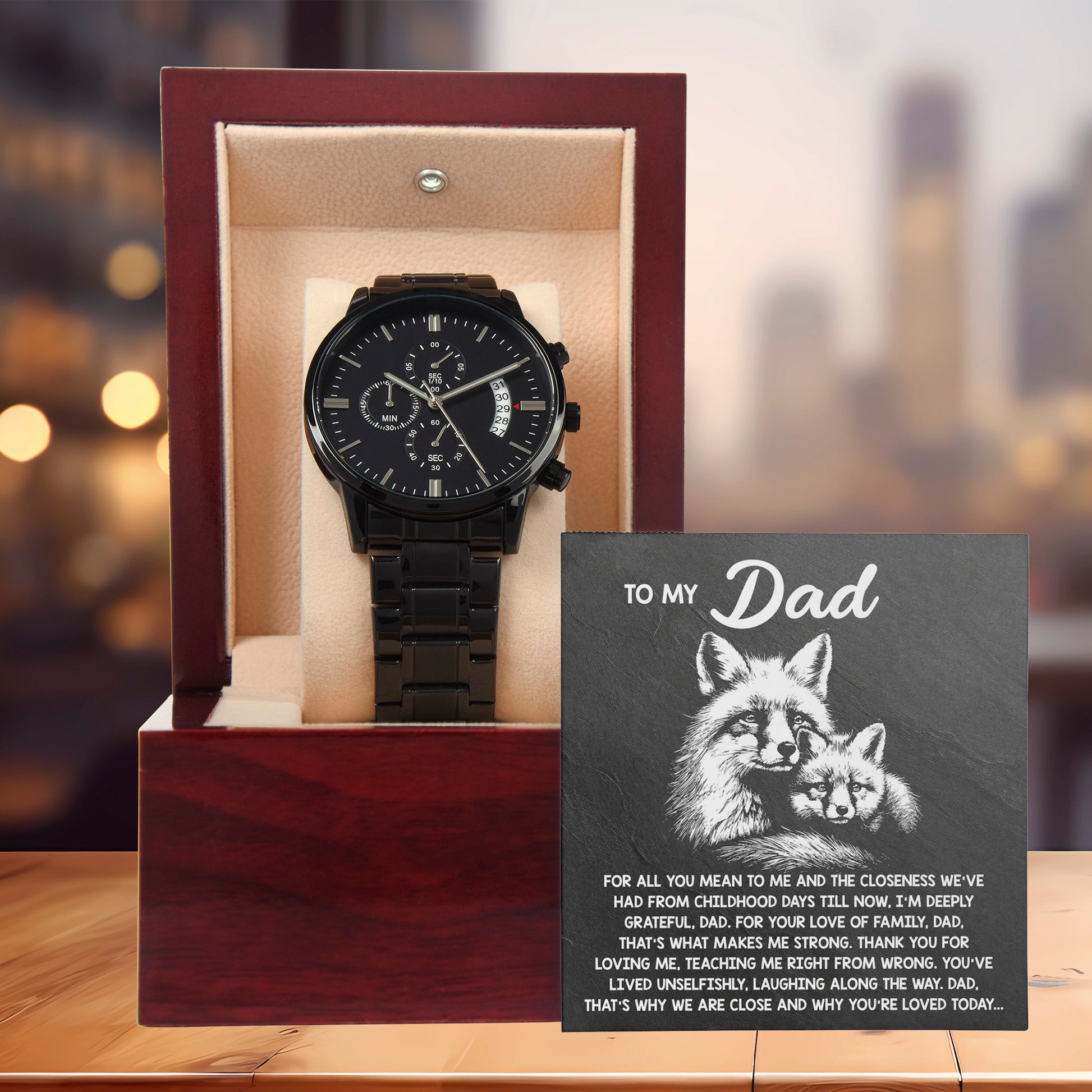 To My Dad Black Chronograph Watch - Meaningful Father's Day Gift with Family Love Message and Fox & Kit Design - Elegant Gift Box Included - Mallard Moon Gift Shop