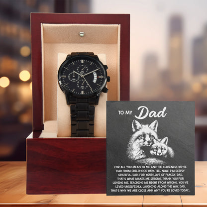 To My Dad Black Chronograph Watch - Meaningful Father's Day Gift with Family Love Message and Fox & Kit Design - Elegant Gift Box Included - Mallard Moon Gift Shop