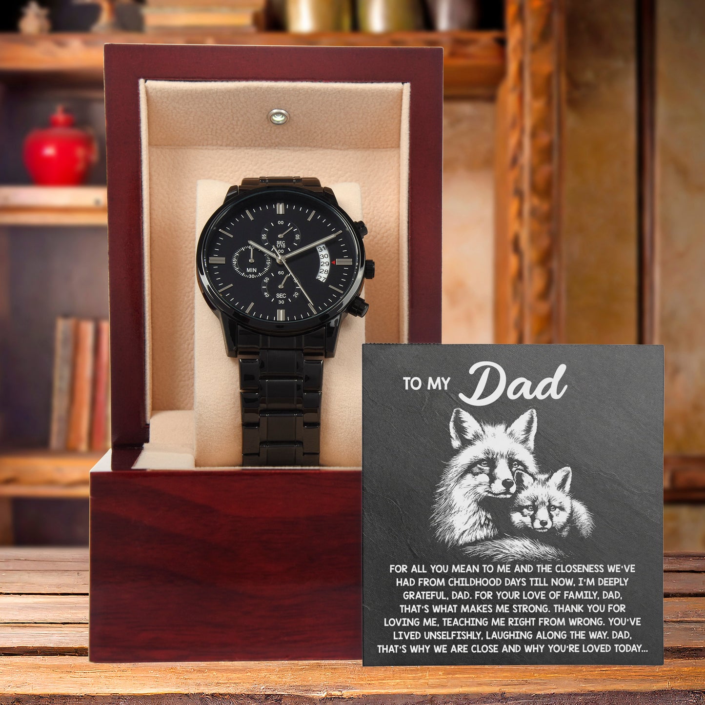 To My Dad Black Chronograph Watch - Meaningful Father's Day Gift with Family Love Message and Fox & Kit Design - Elegant Gift Box Included - Mallard Moon Gift Shop