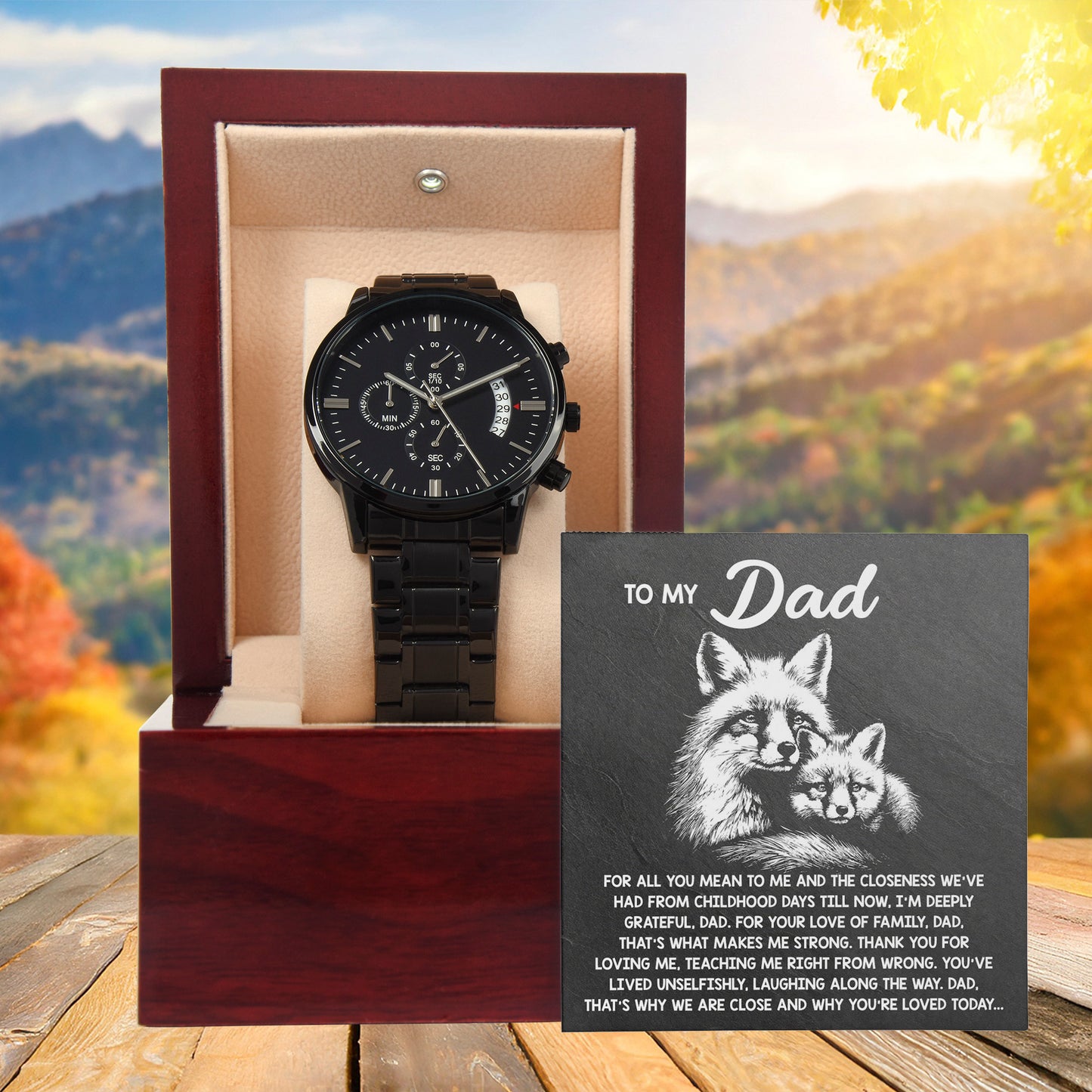To My Dad Black Chronograph Watch - Meaningful Father's Day Gift with Family Love Message and Fox & Kit Design - Elegant Gift Box Included - Mallard Moon Gift Shop